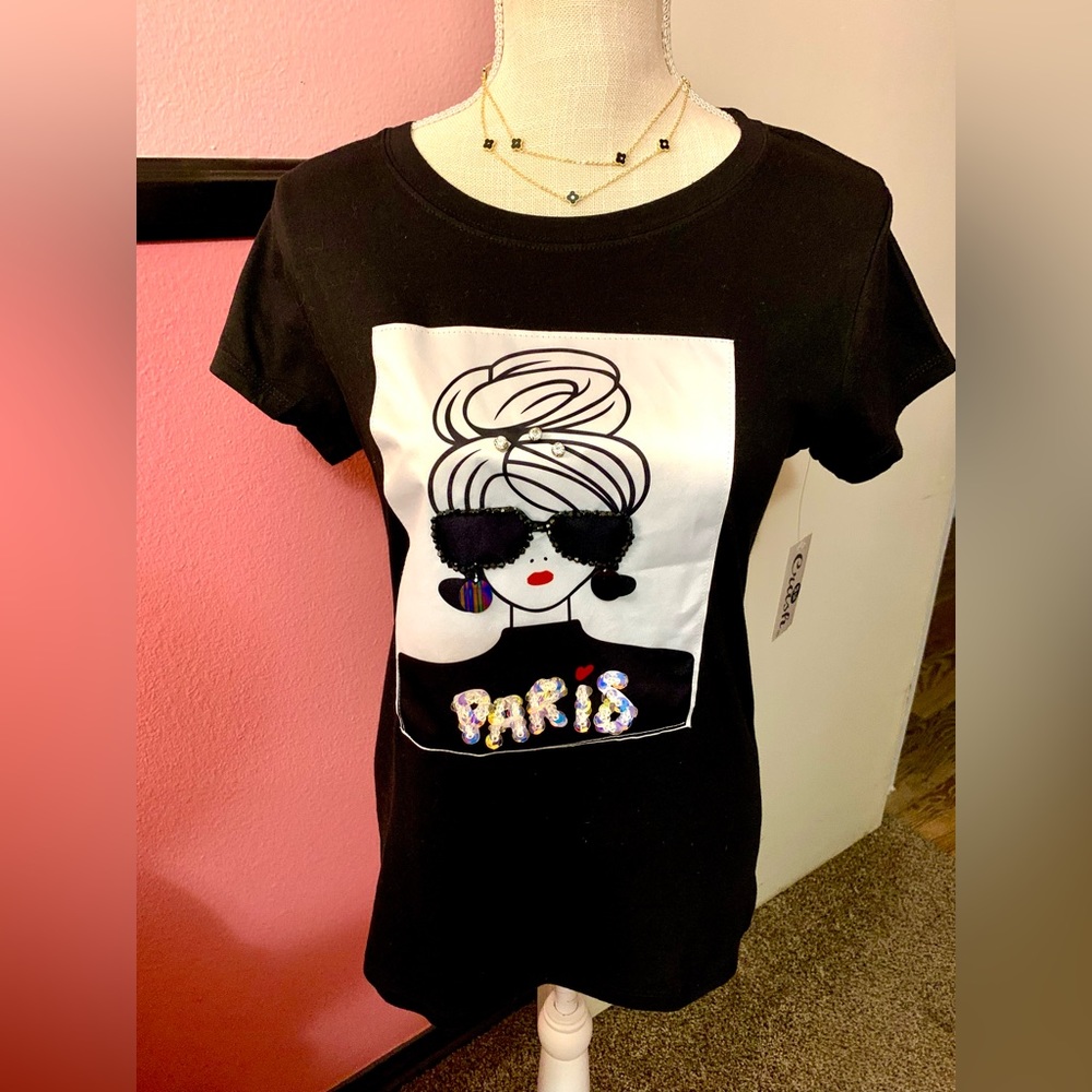 Paris 🕶️ Black Embroidered Sequins Embellished Blouse Shirt NWT Size Small
